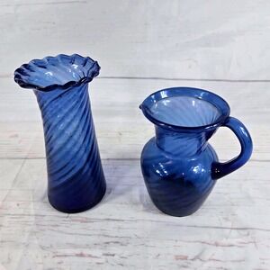 Cobalt Blue Swirl Glass Bud Vase and Pitcher Set - Small Vintage Decor